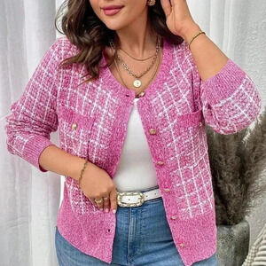 Pink Casual Women's Plus Size Front Button Long Sleeve Cardigan Top